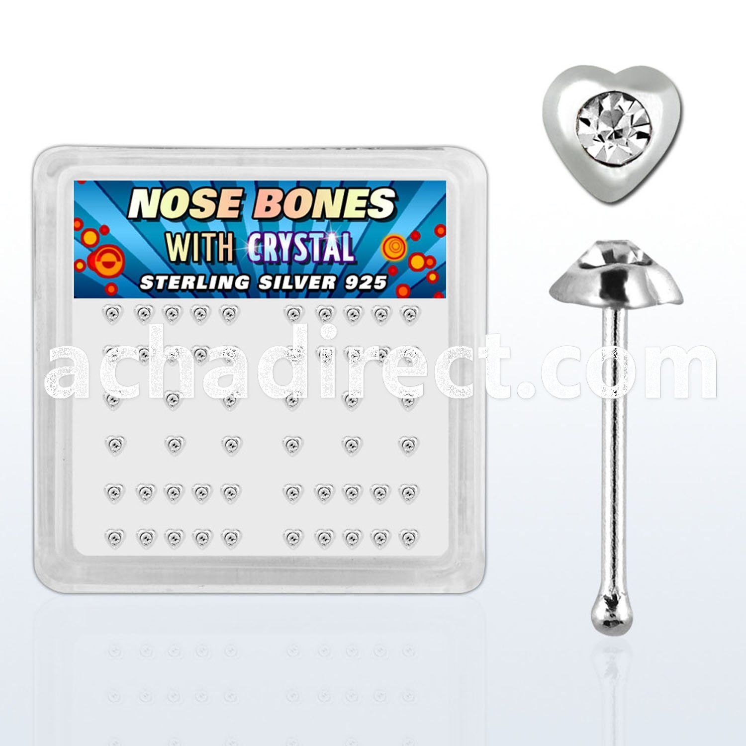 nbhrbxc box of silver nose bones with heart with center crystal