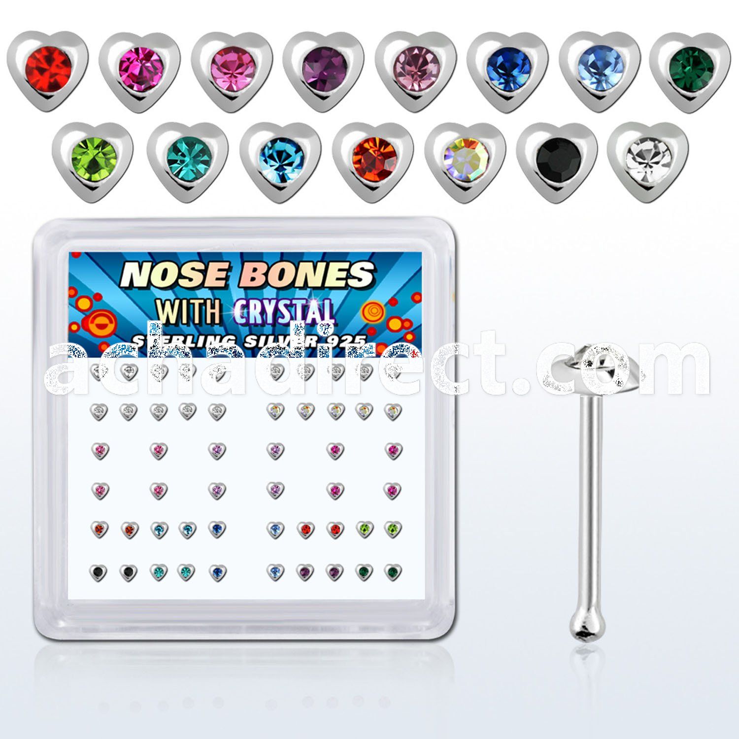 nbhrbxm silver nose bones w heart with assorted center crystal