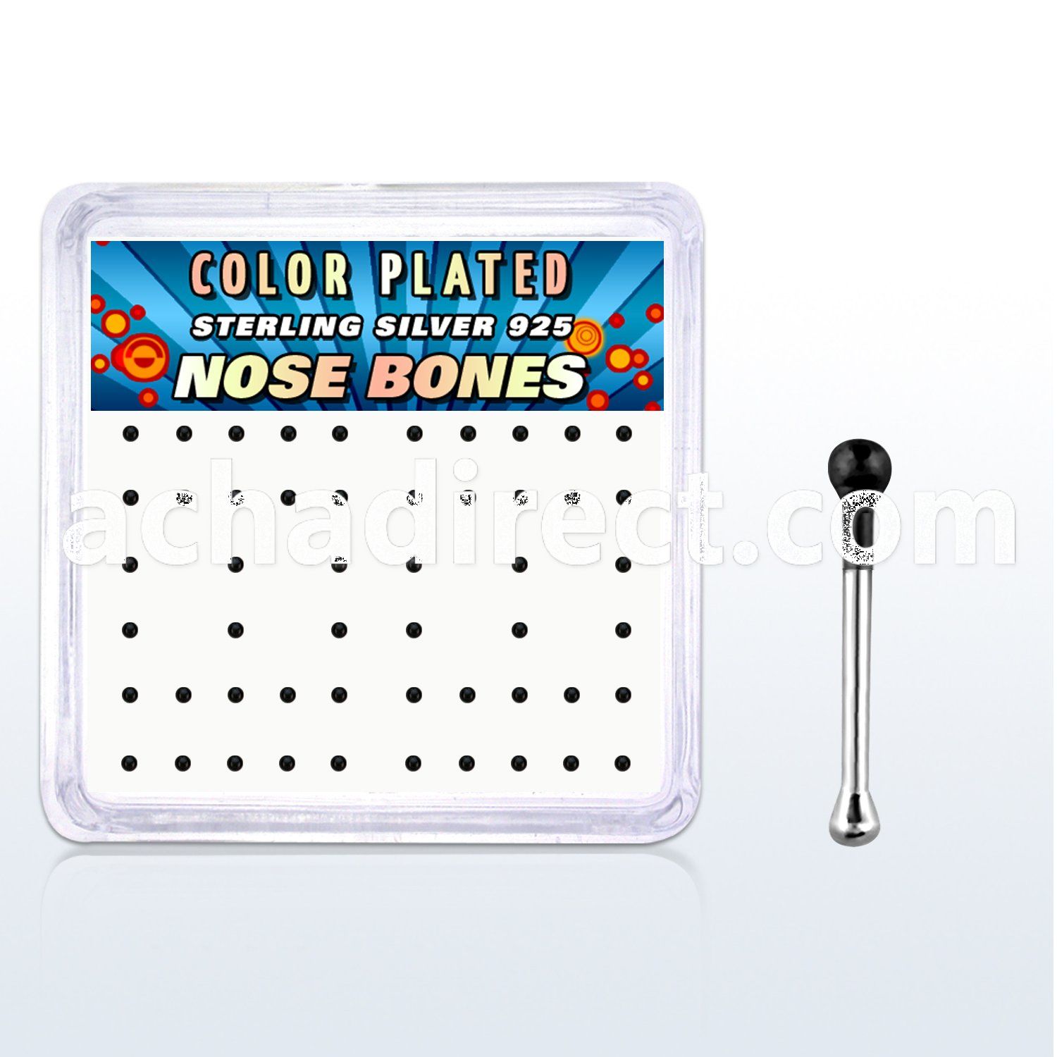 nbkbbx1 box w 52 silver nose bones w 1mm black plated ball tops