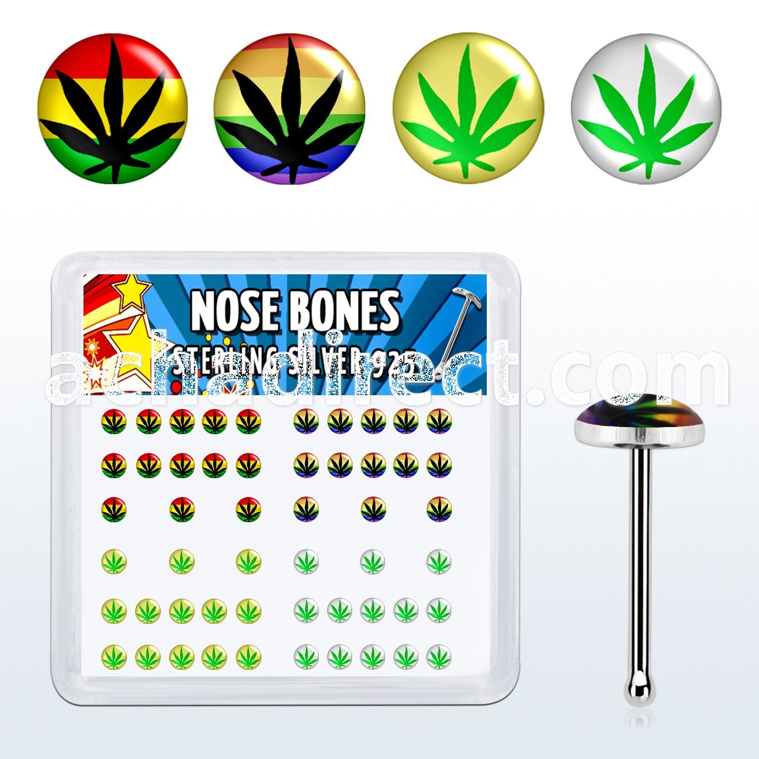 nblgx1 box of silver nose bones with assorted marijuana logo