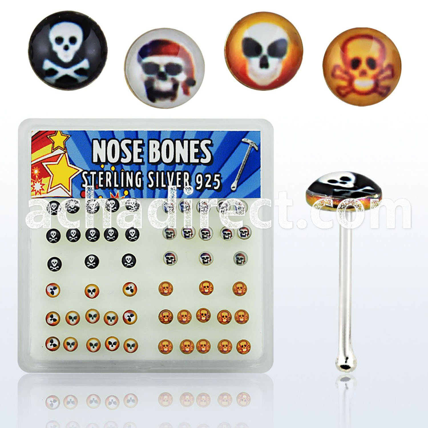 nblgx2 box of silver nose bones with assorted skull logo