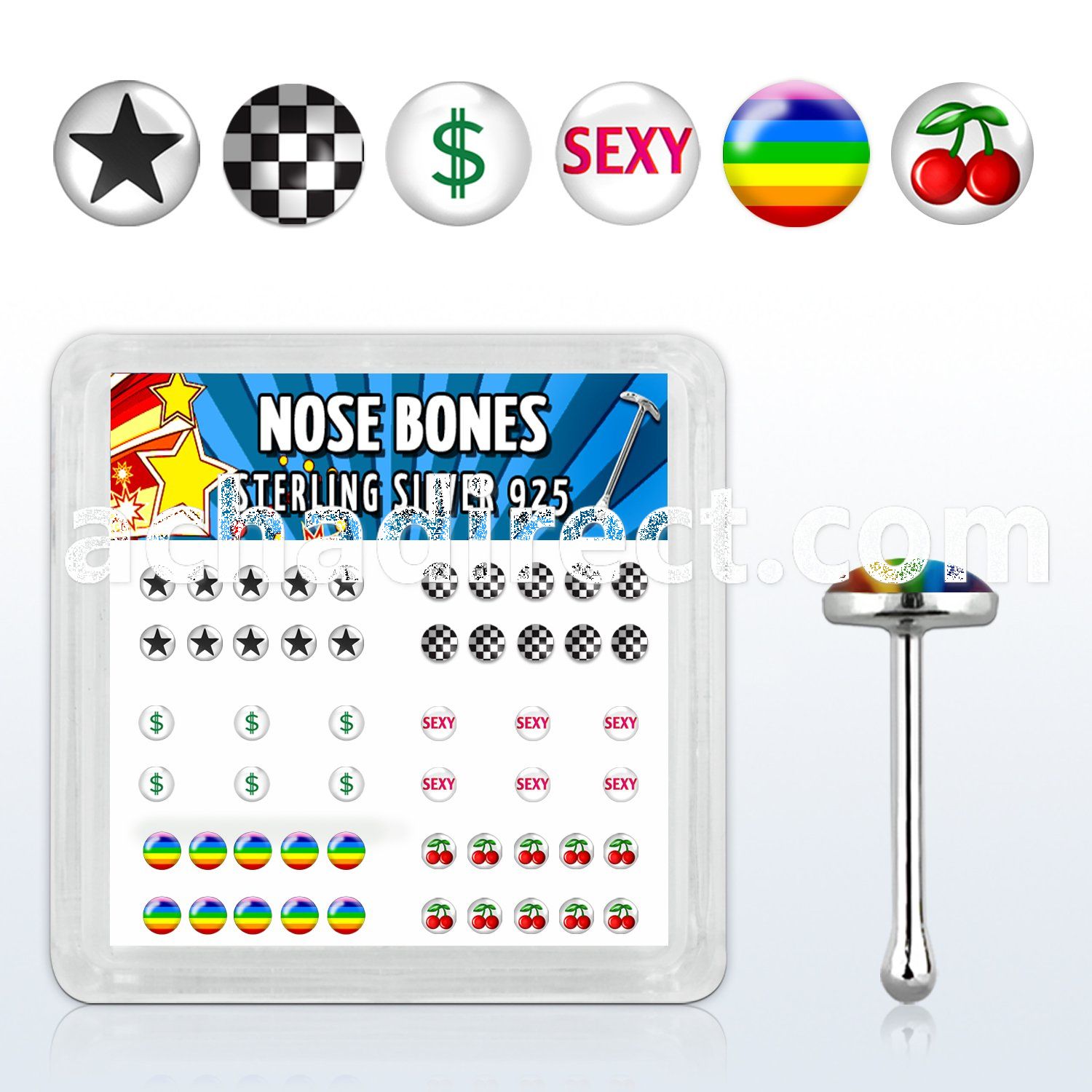 nblgx3 box of silver nose bones w sexy star cherry checkered