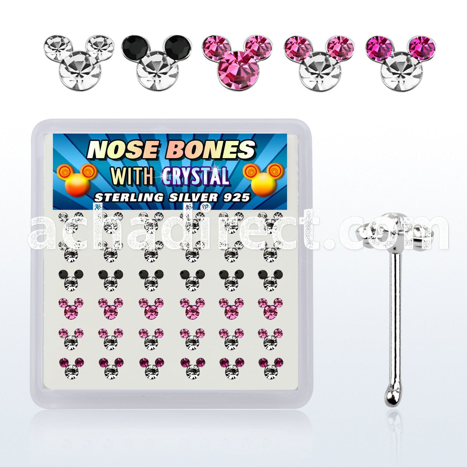 nbmos36a box w 925 silver nose bones w crystal mouse face