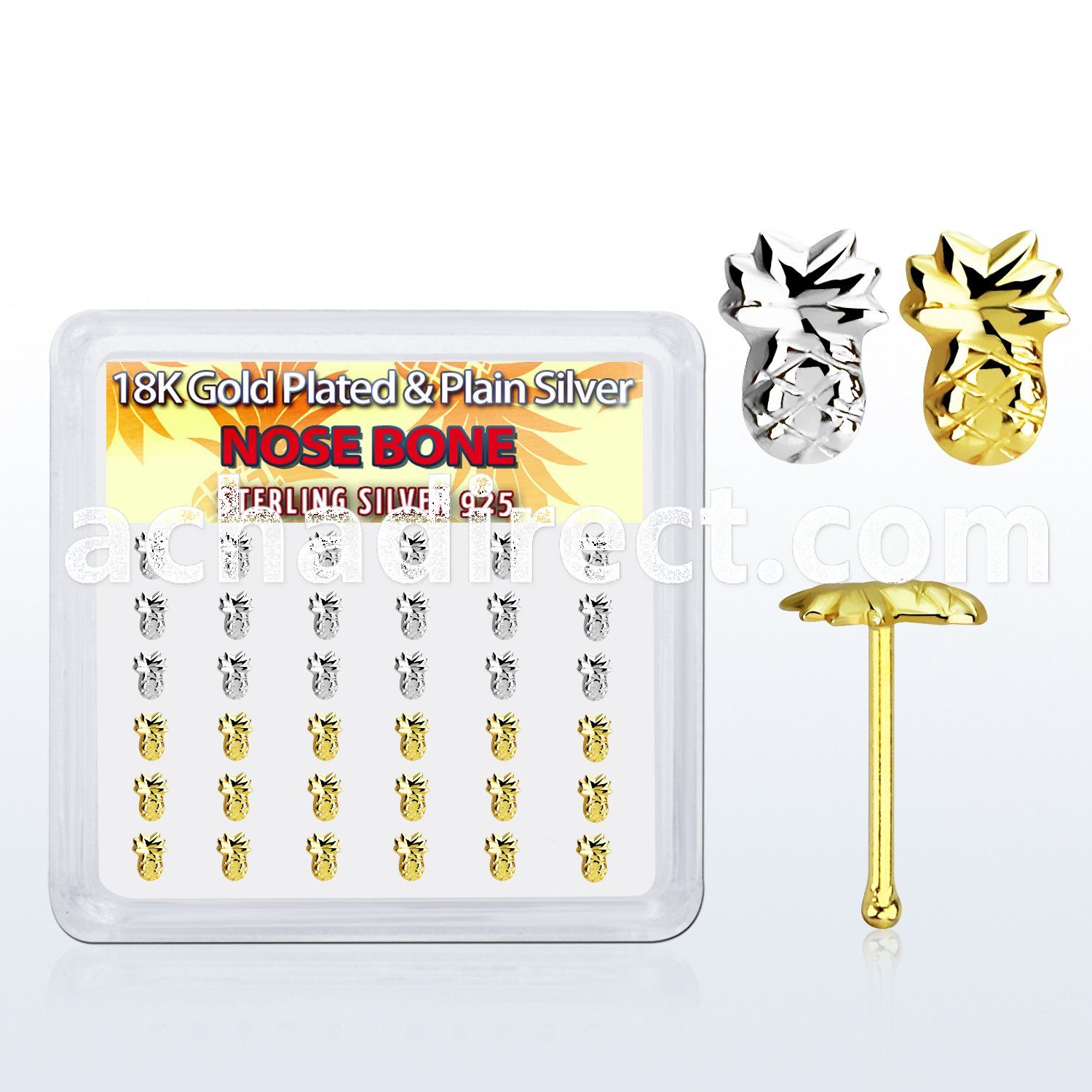 nbmpa36 display w silver nose bones w gold plain pineapple top
