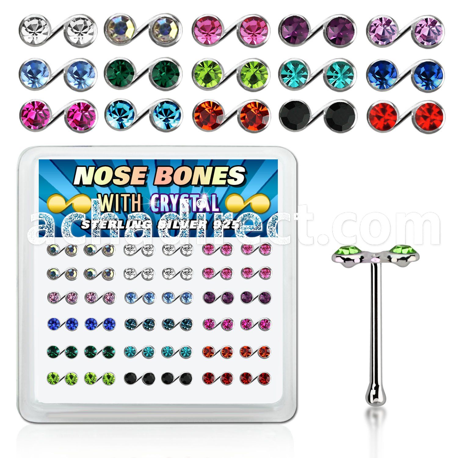nbmsbxm box silver nose bones w music note tops w color crystal