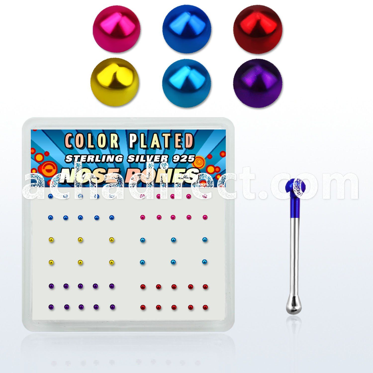 nbmtbx1 box w silver nose bone, w 1mm mix color plated ball top