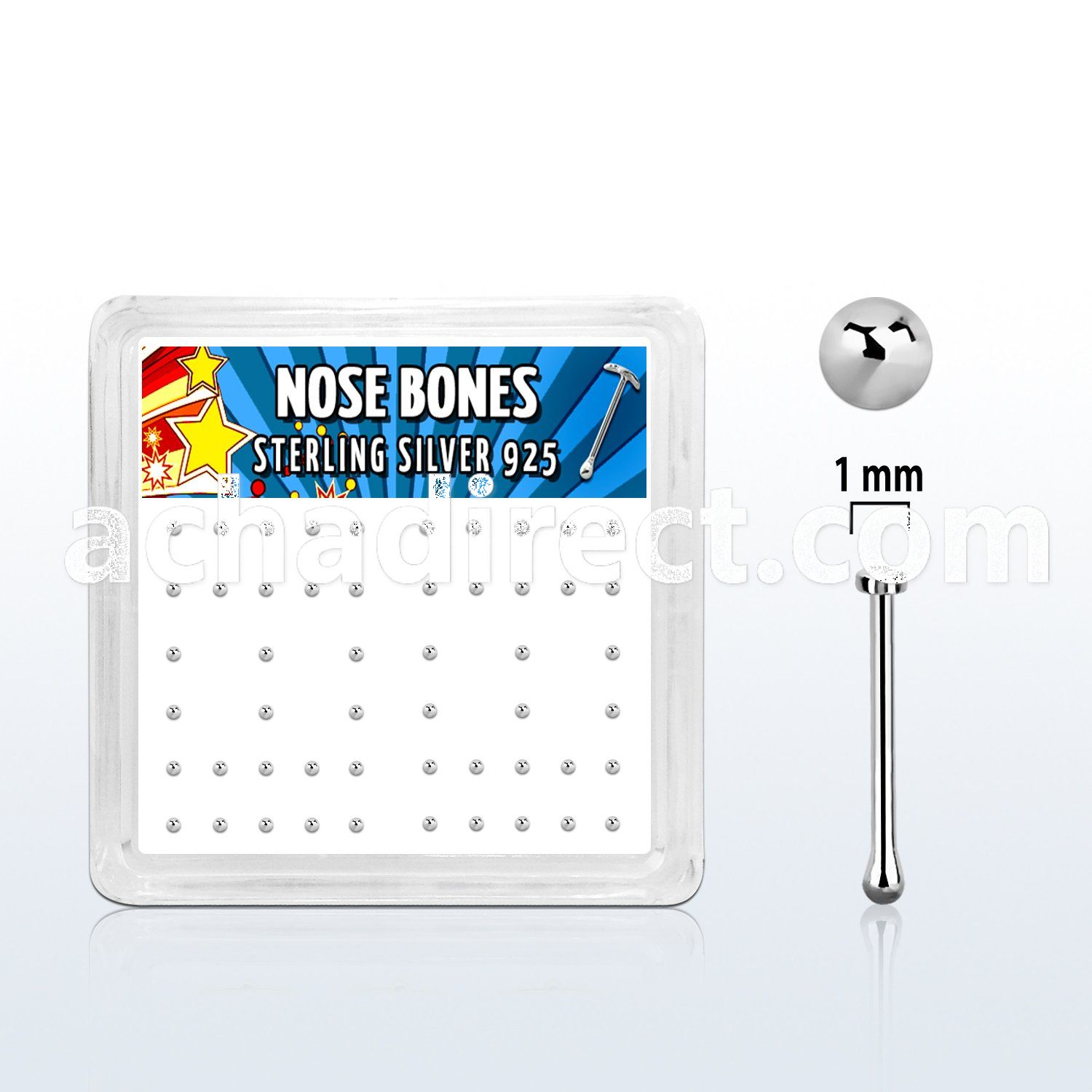 nbmx5 box w 52 silver nose bones, 22g w 1mm flat round tops