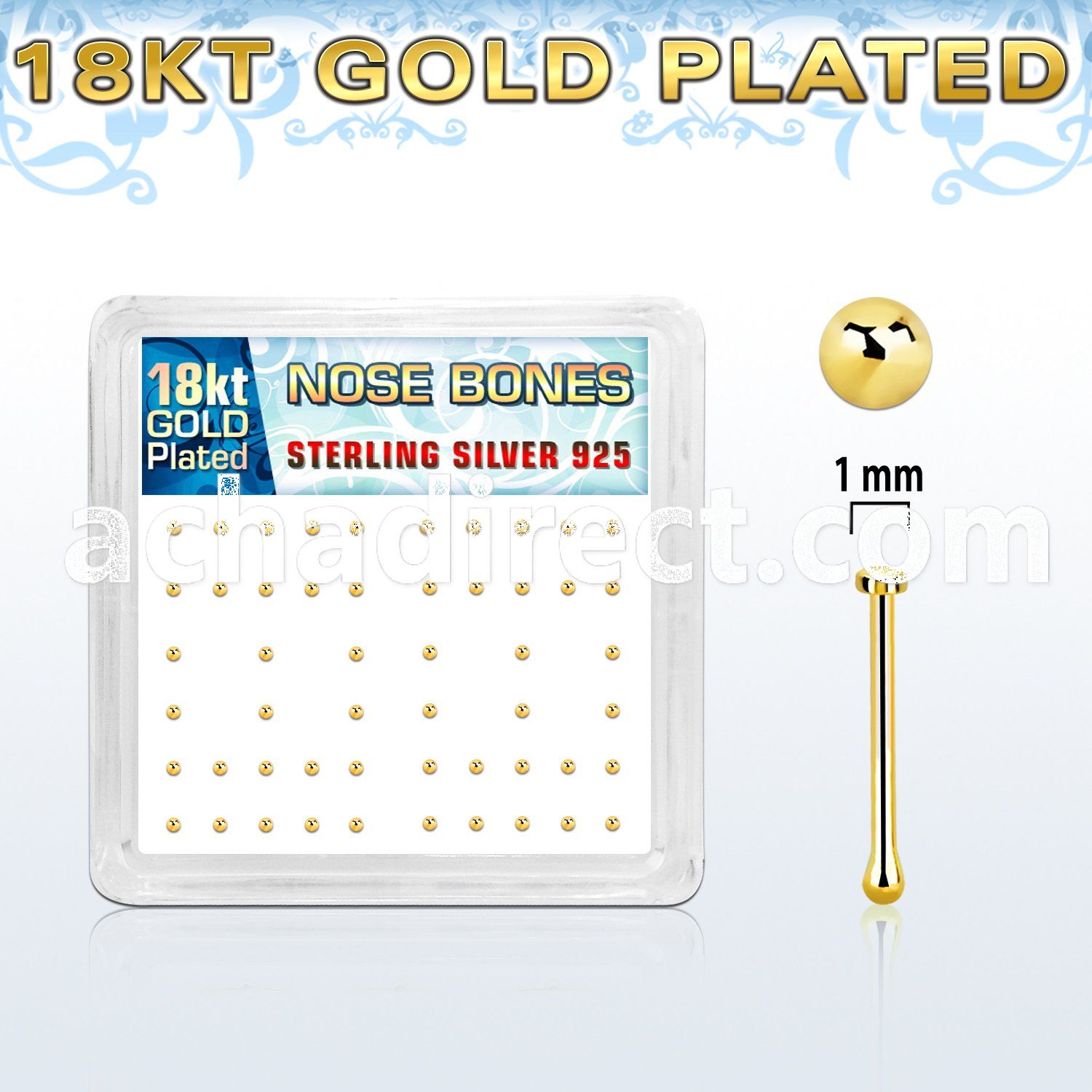 nbmx5rg silver nose bones w 18k gold plating 1mm flat tops