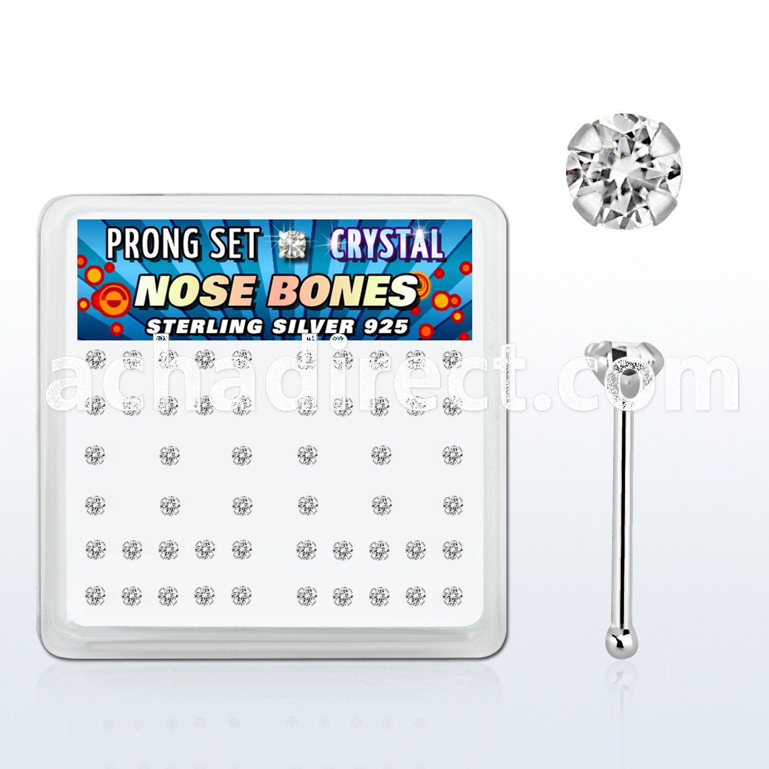 nbp14cx box w silver nose bones w 2mm clear round crystal tops