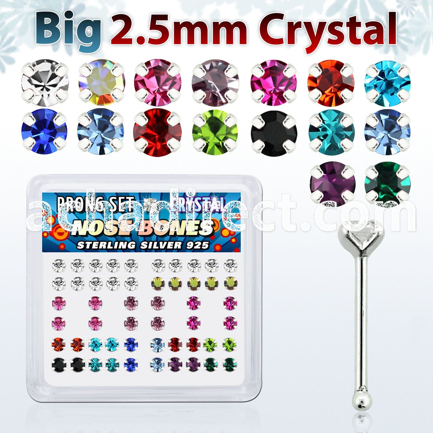 nbp19mx box of silver nose bones with 2 5mm prong set crystal