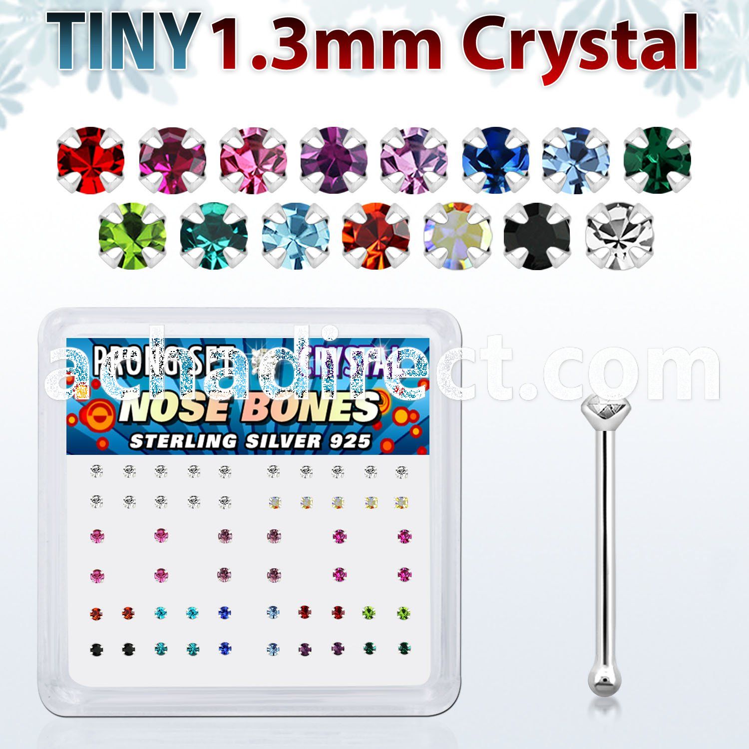 nbp6mx box of silver nose bones with 1 25mm prong set crystal