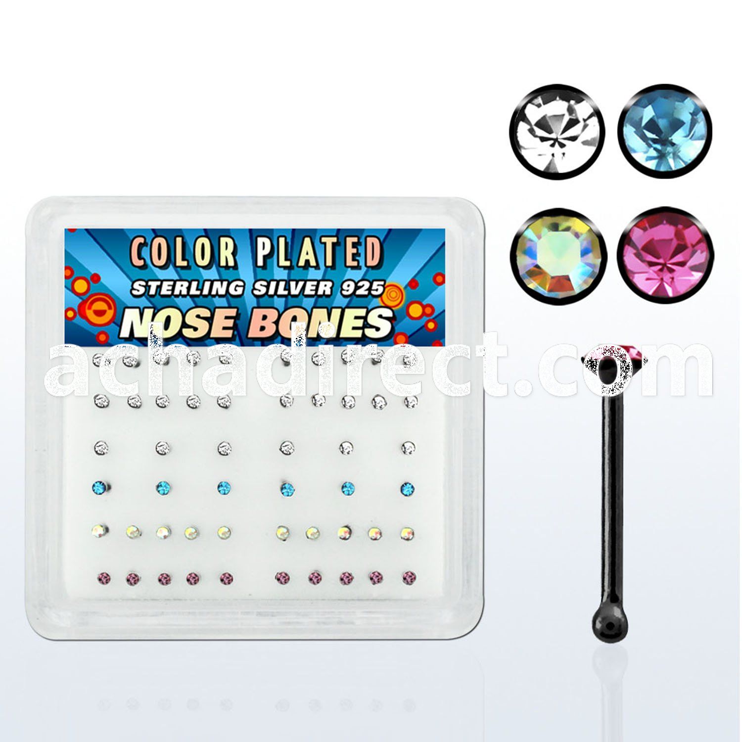 nbrbbxm black plated silver nose bones w assorted crystals