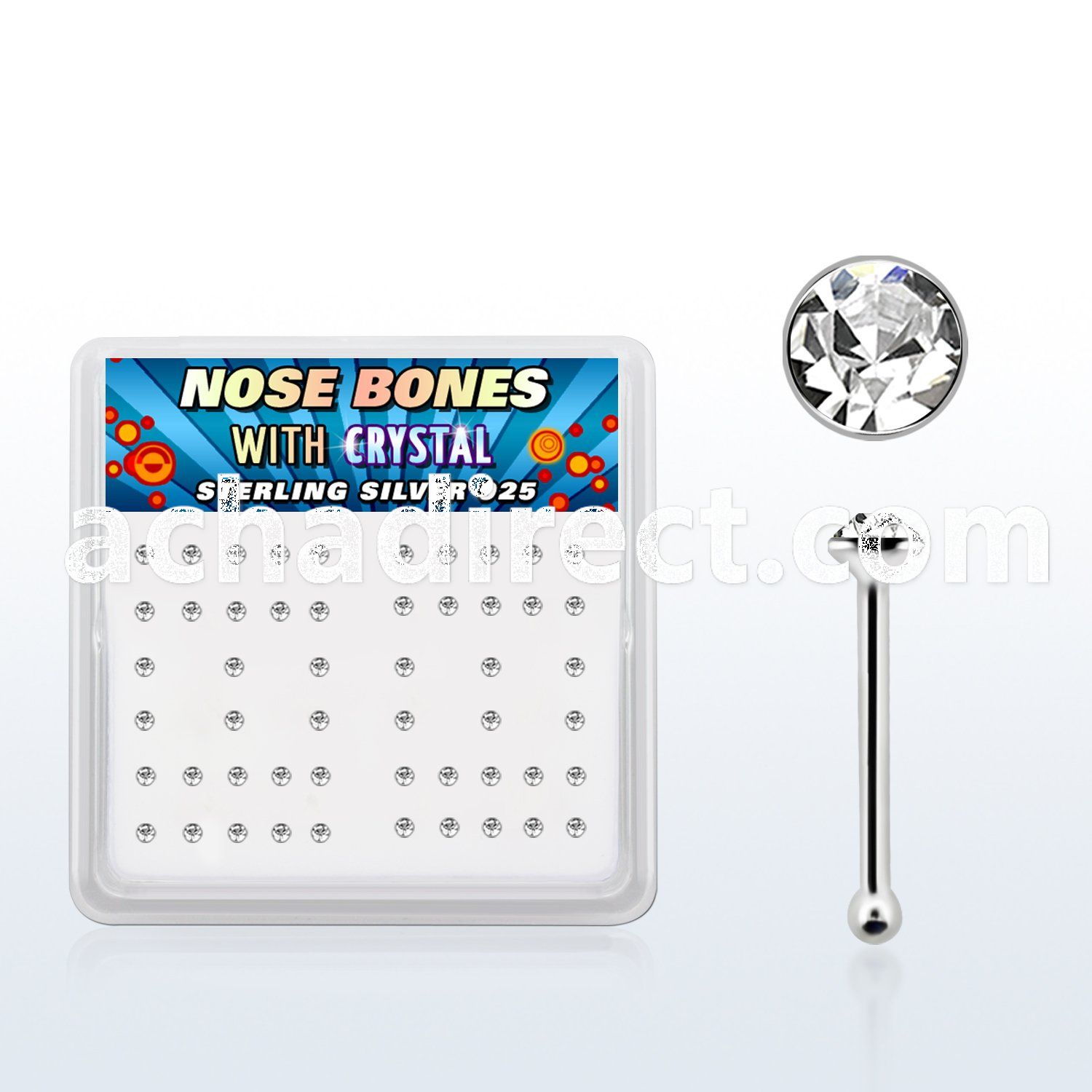 nbrdbxc box of silver nose bones with clear crystal tops