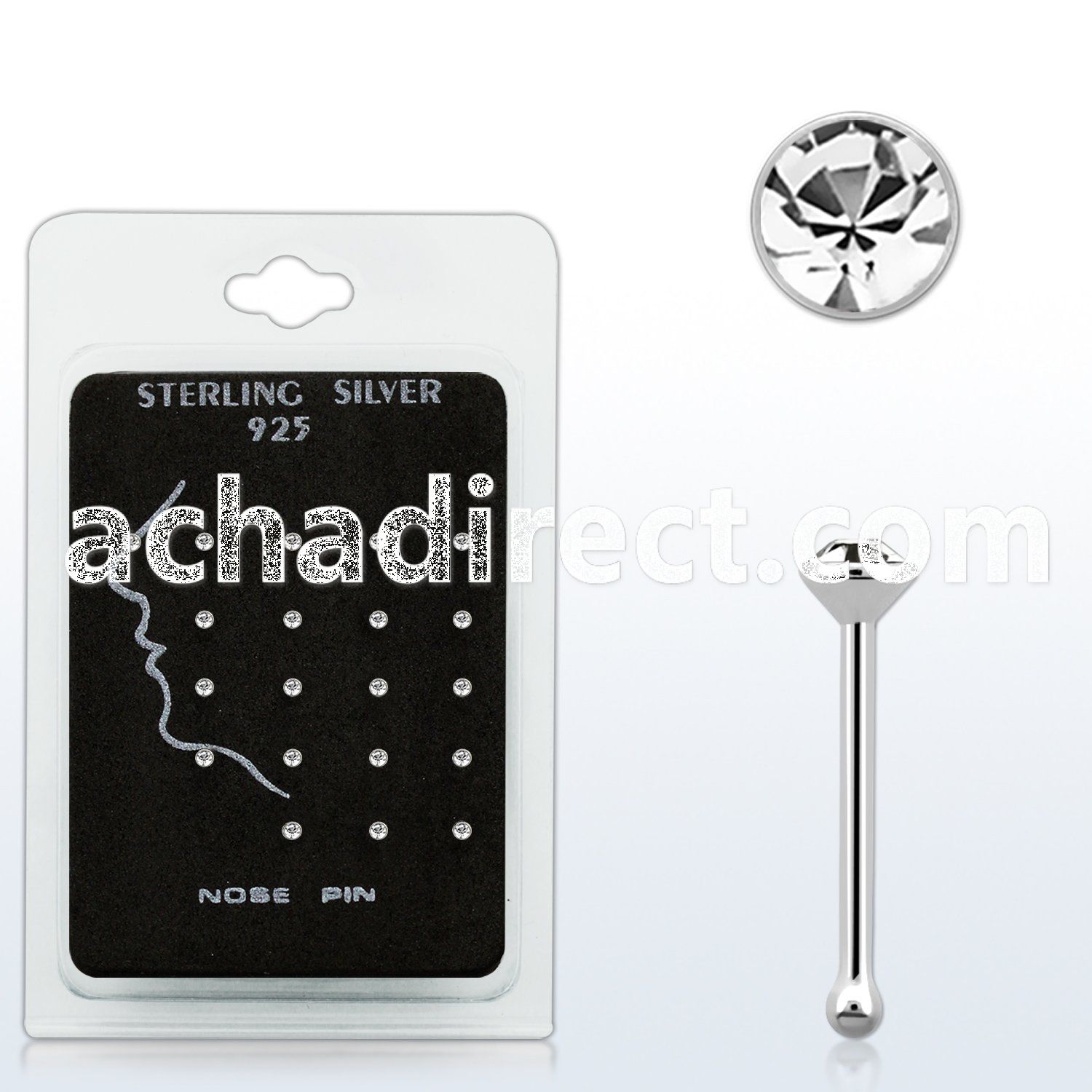 nbrdpk pack of silver nose bones with round clear crystals