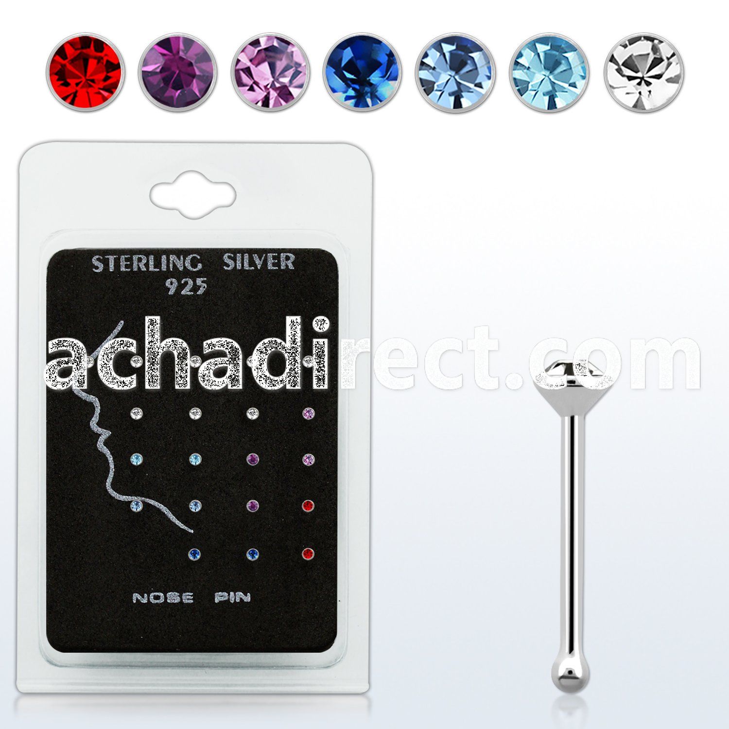 nbrdpkm pack of silver nose bones with assorted crystal tops