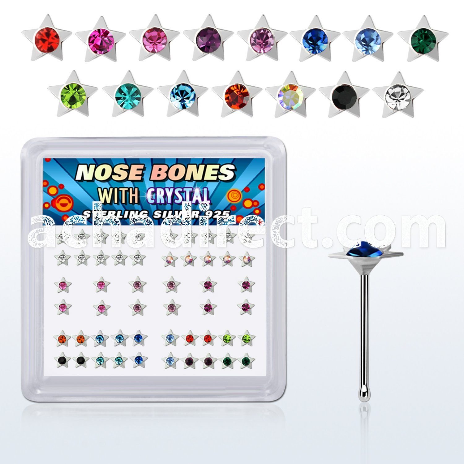 nbsarbxm box of silver nose bones with star w assorted crystal