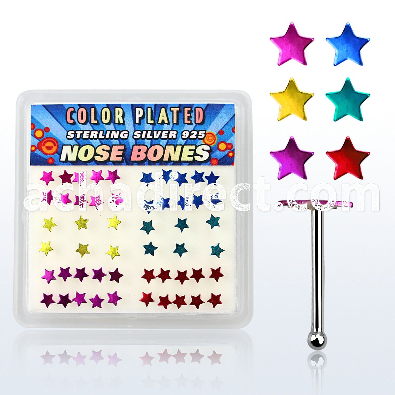 nbsarpbx box of silver nose bones with assorted color plated star
