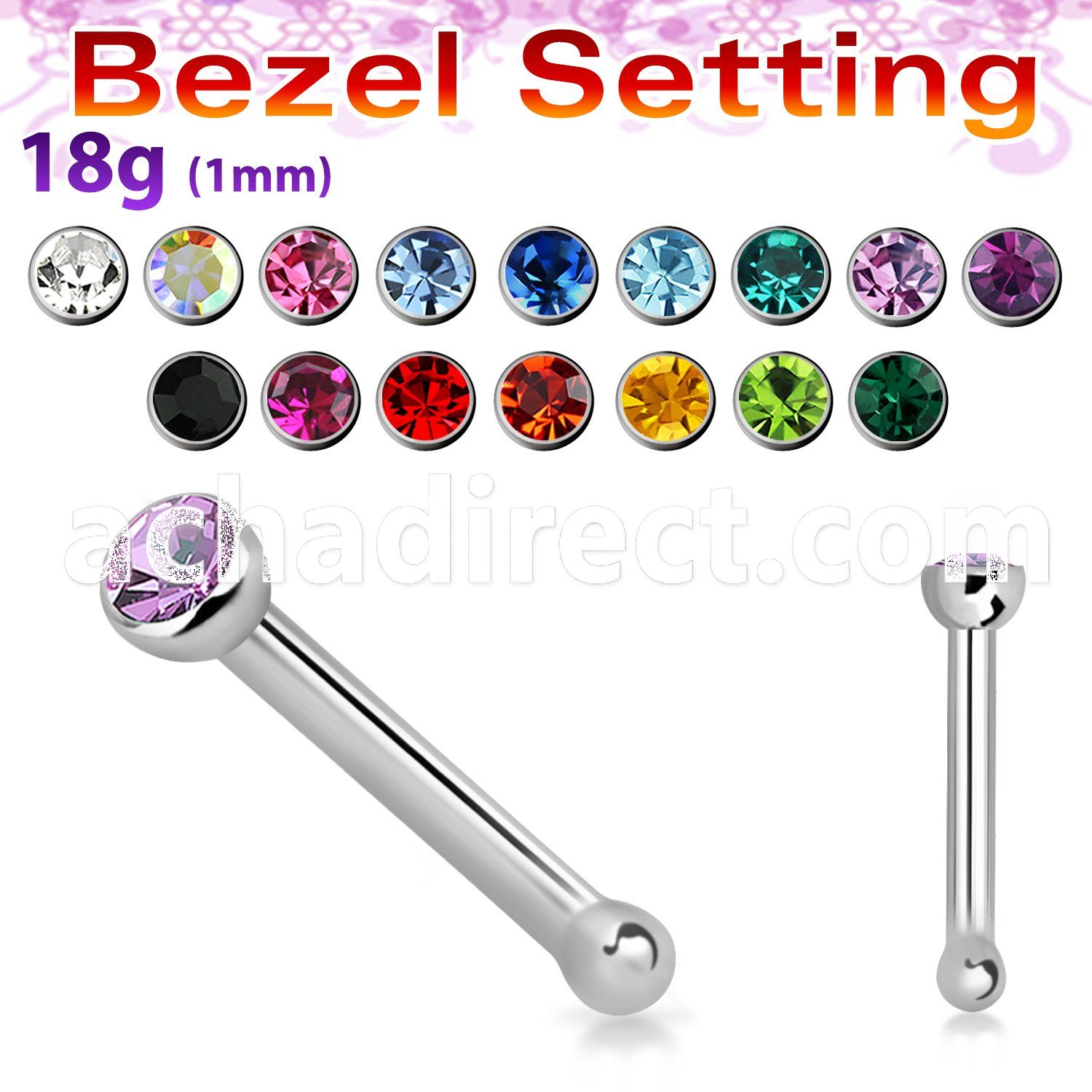 nbsb18 316l steel nose bone w 2mm round top w bezel set crystal