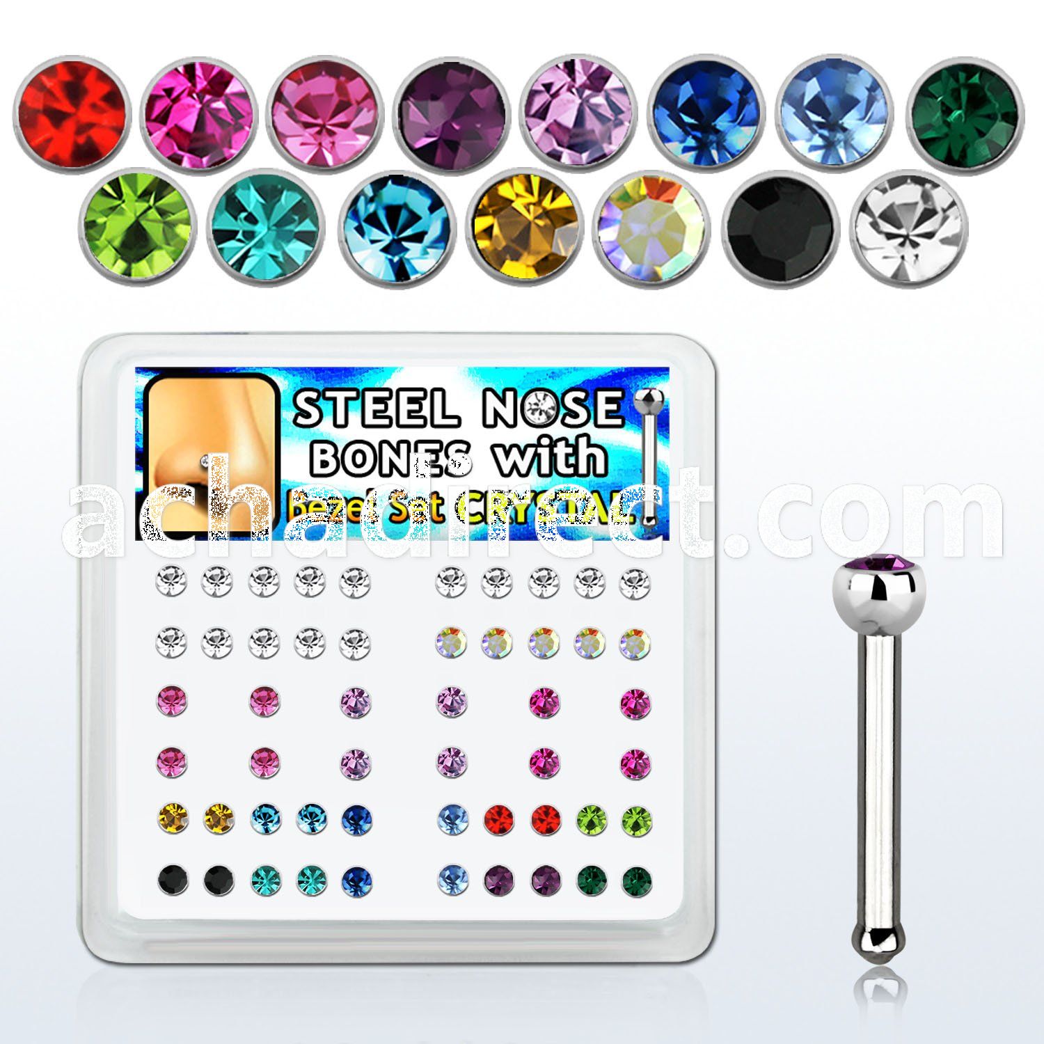 nbsb20xm box w 316l steel nose bone w 2mm top w bezel set crystal