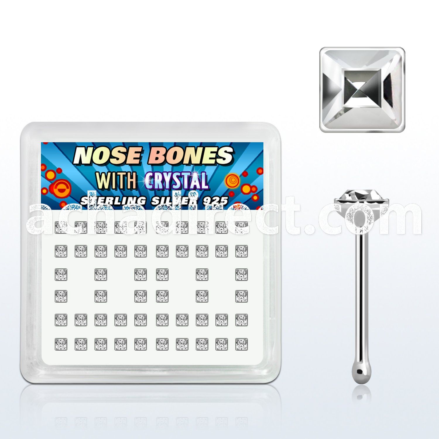 nbsqbxc box of silver nose bones with square clear crystals