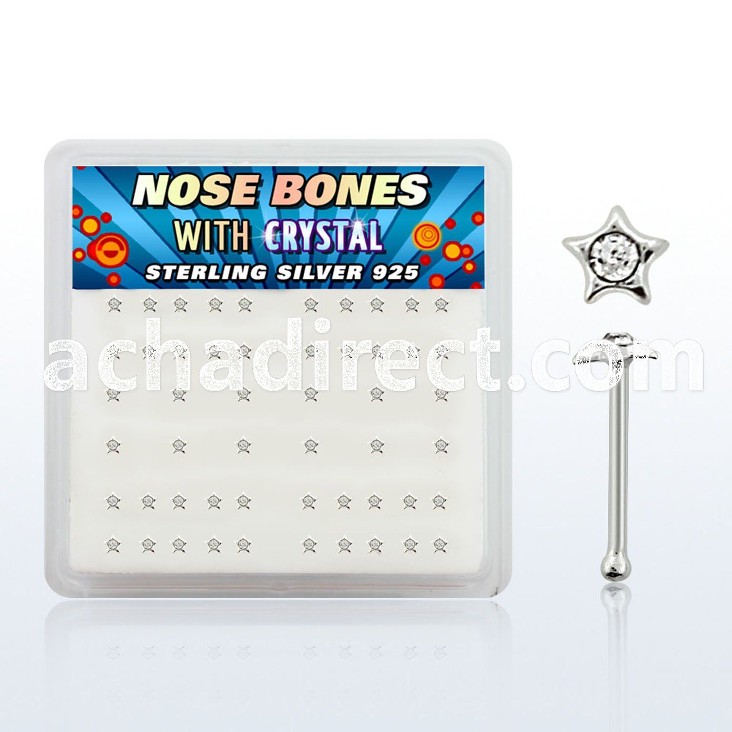 nbstxc box of silver nose bones with star with center crystal