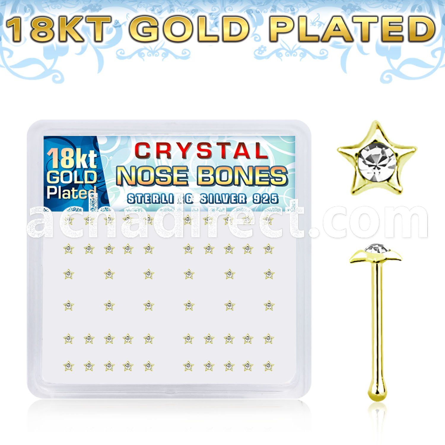 nbstxcg 18k gold plated silver nose bones clear star