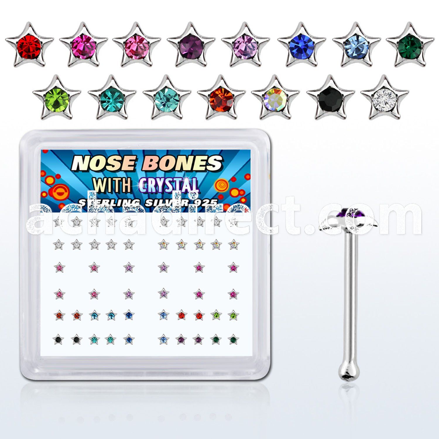 nbstxm box of silver nose bones with star w assorted crystal