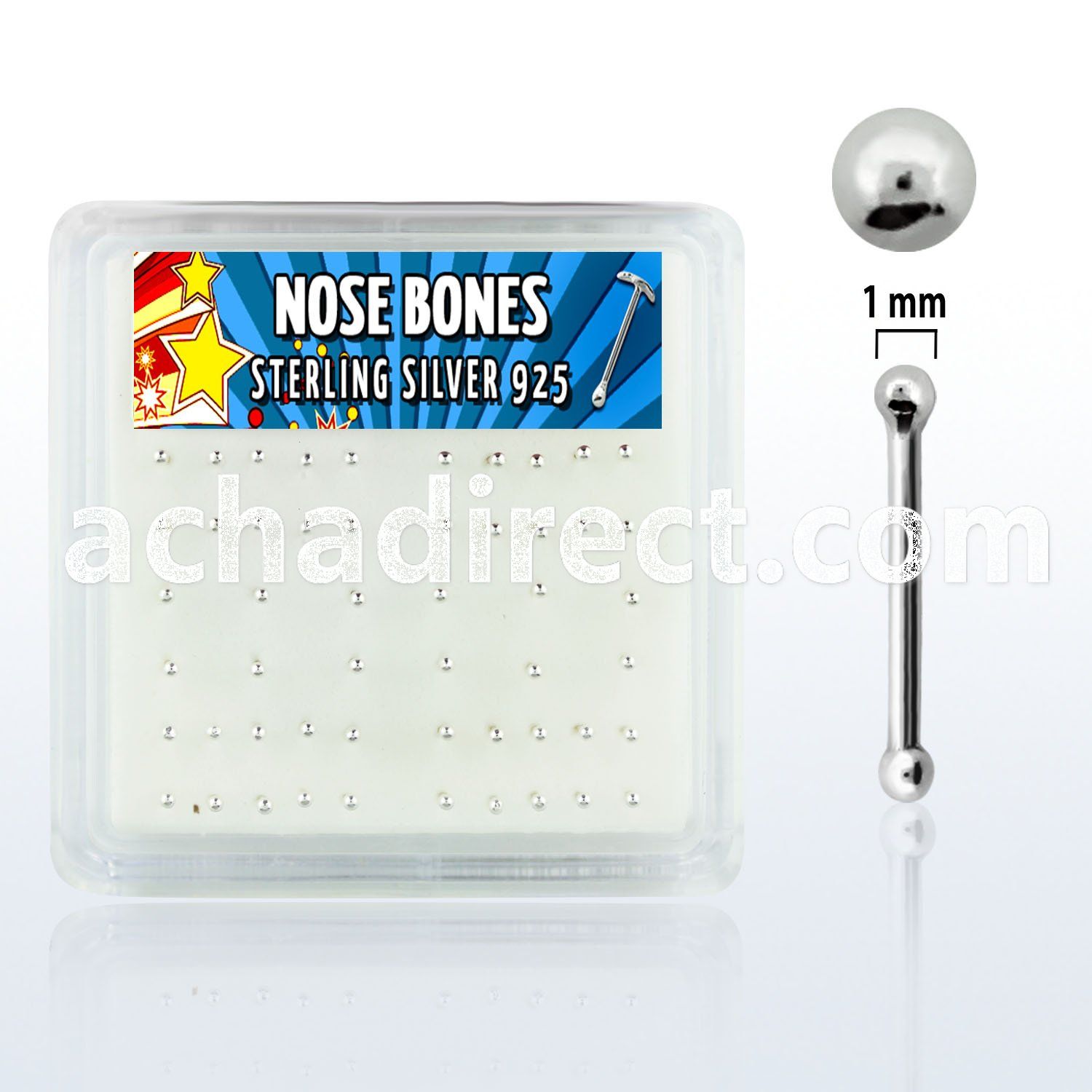 nbsv1bx box of silver nose bones with silver ball shaped top