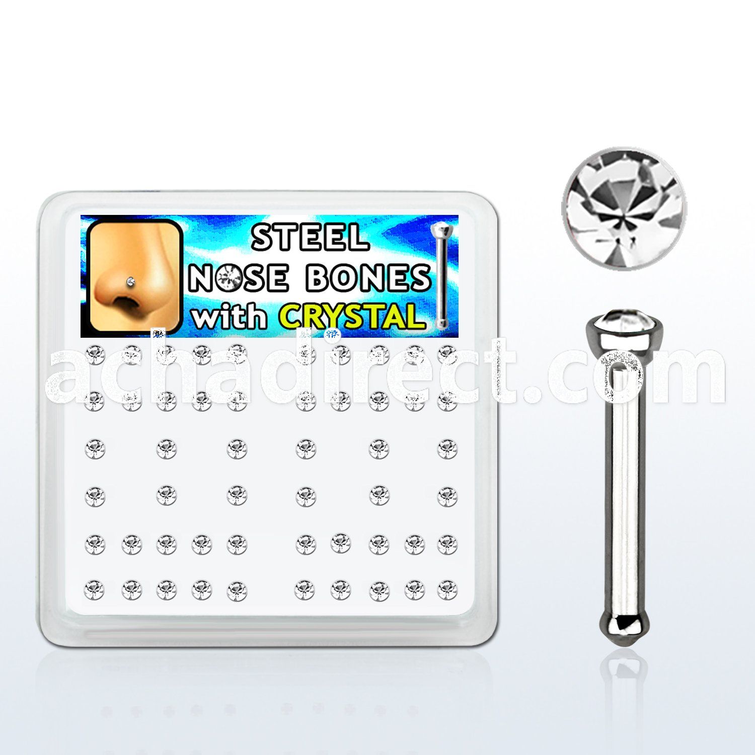 nbsxc box of 316l steel nose bones w 2mm round clear crystal