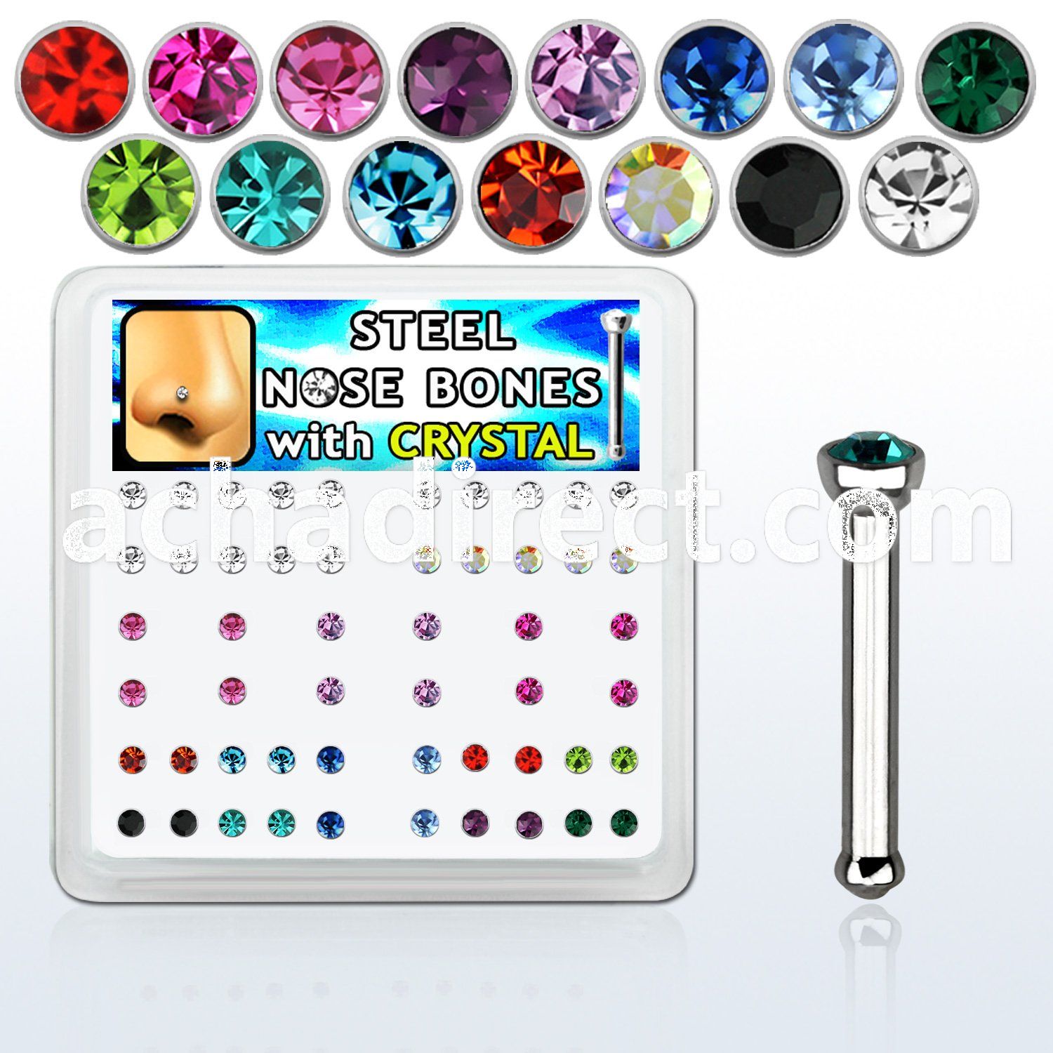 nbsxm box of 316l steel nose bones with 2mm round crystal