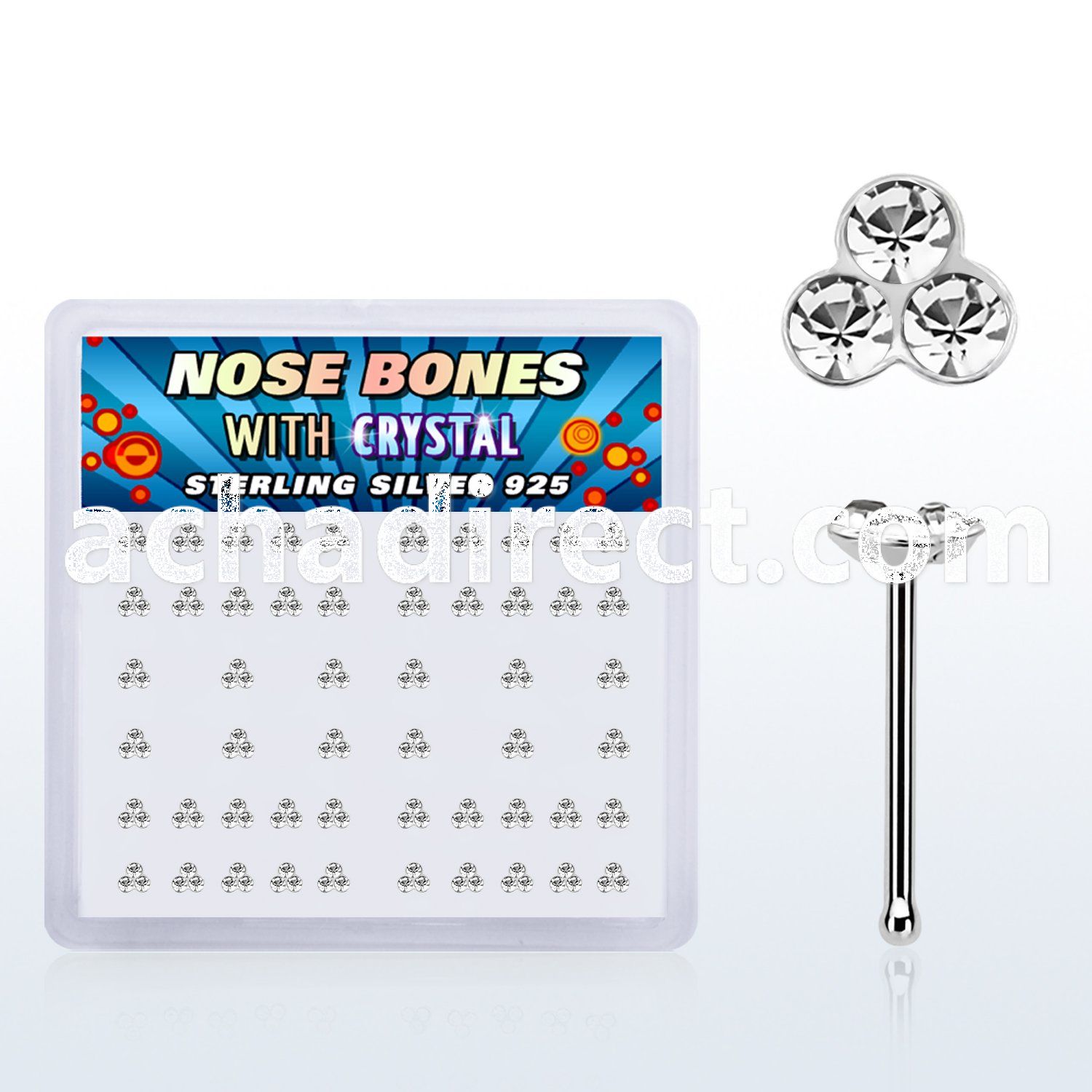 nbtrc box of silver nose bones with triple round crystals