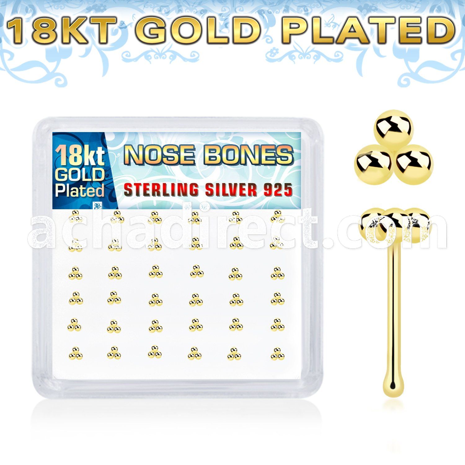 nbtsv36g 18k plated silver nose bones triple balls top 36pcs