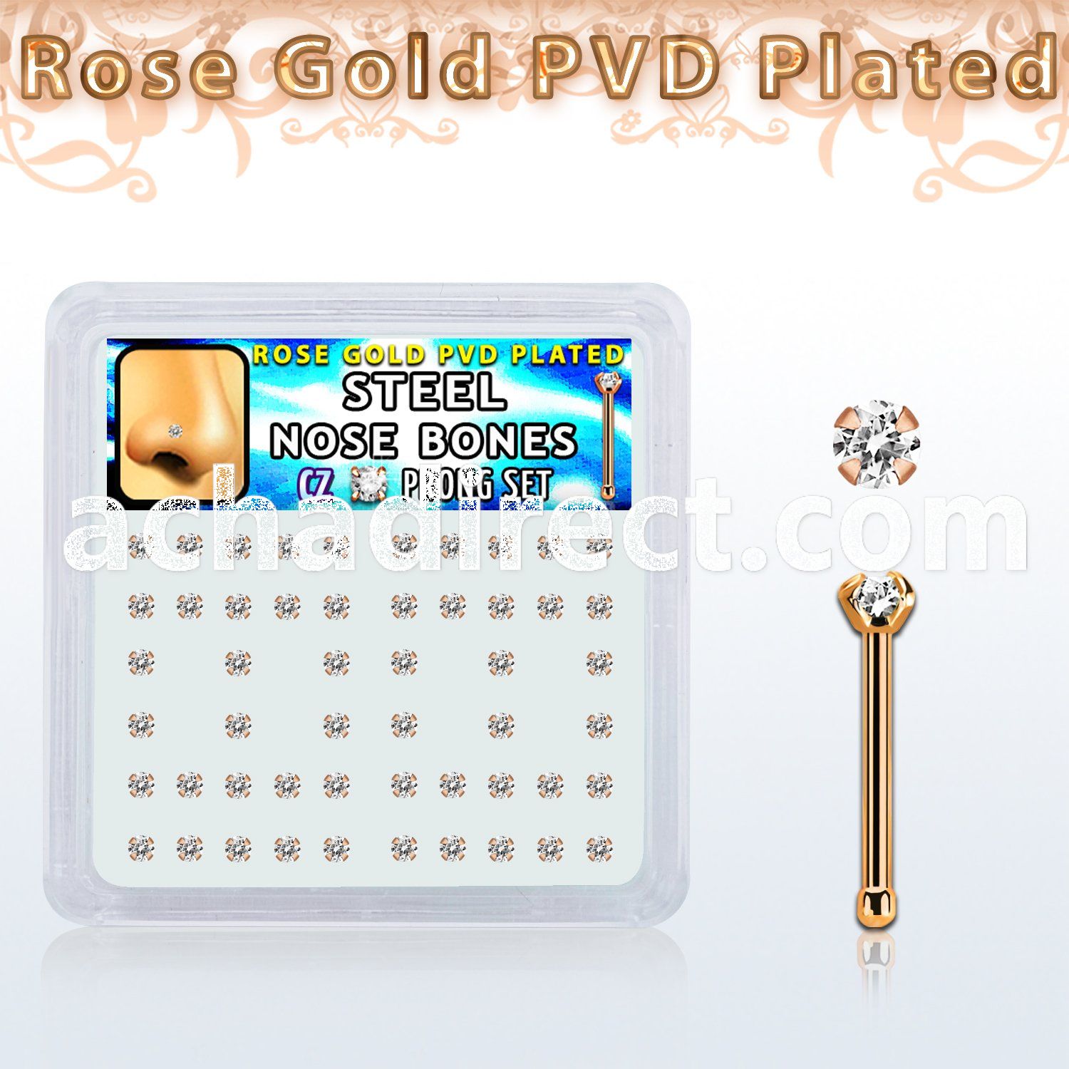 nbttz2xc box w rose gold steel nose bones w 2mm clear czs