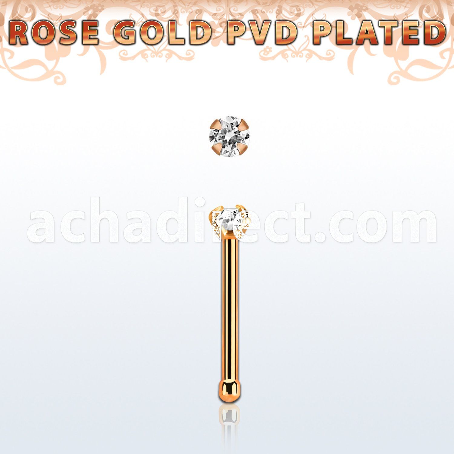 nbttzr2 rose gold  steel nose bone 20g w prong set clear 2mm cz