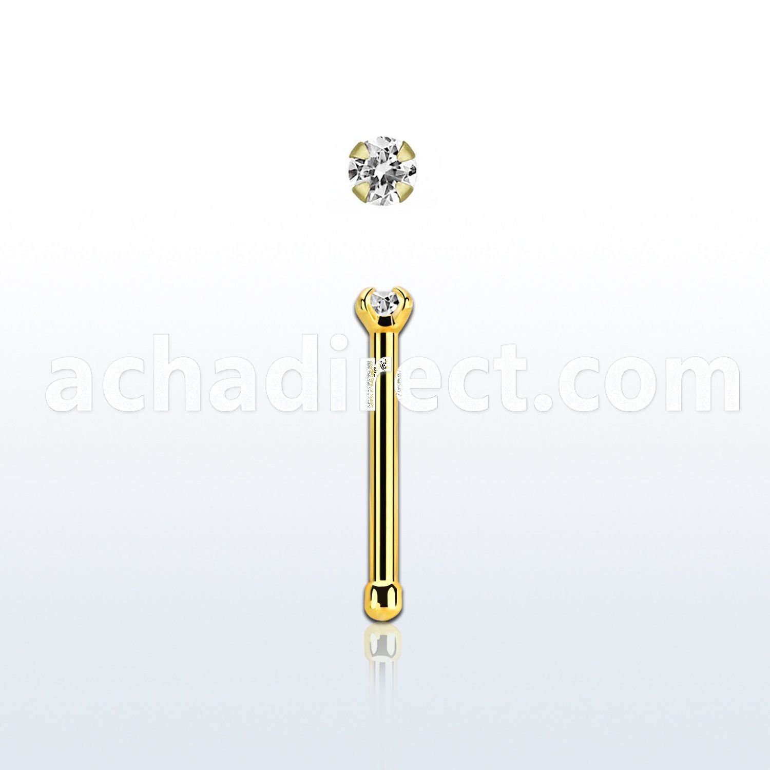 nbtzr15 gold steel nose bone, 20g w prong set 1.5mm round cz