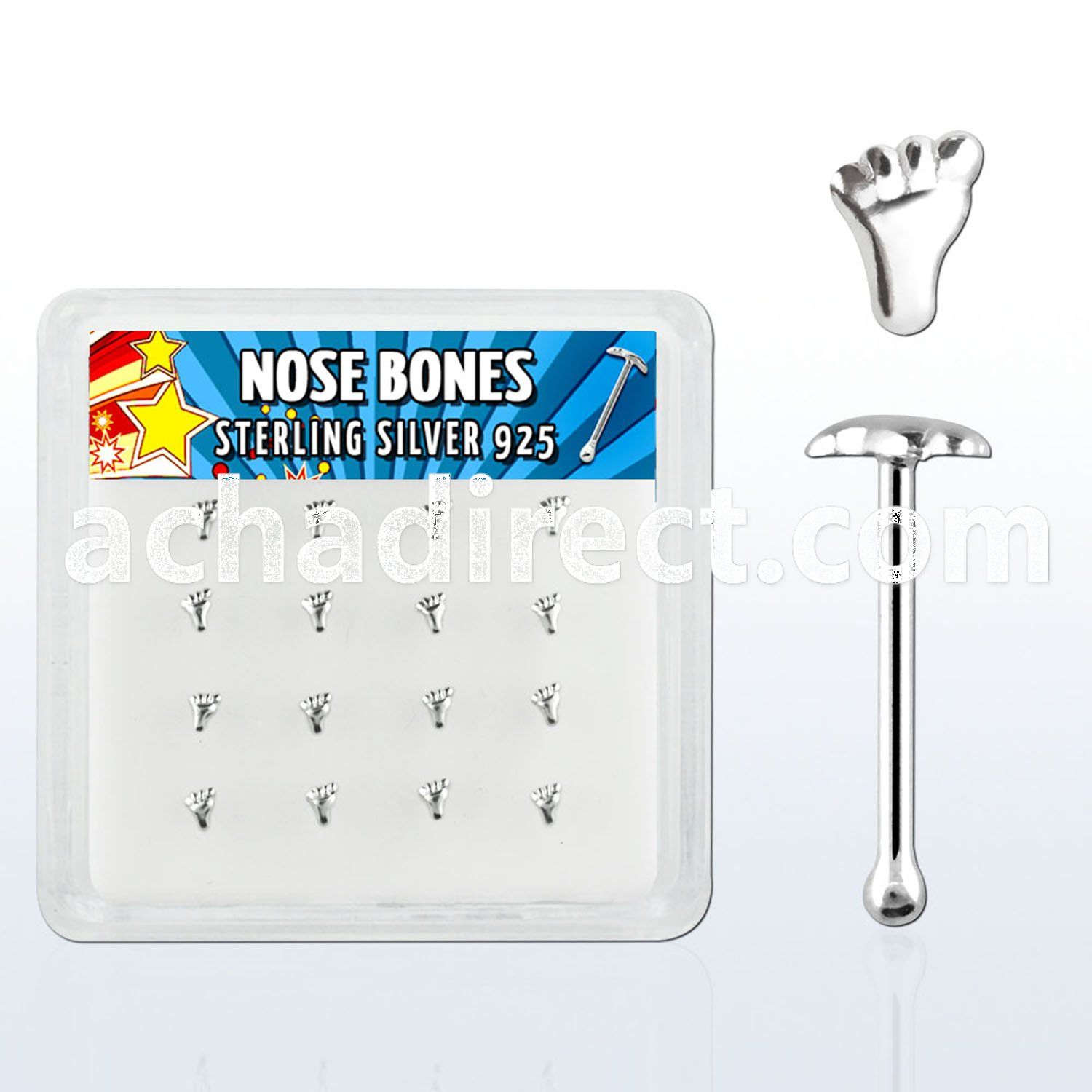 nbvft16 box of silver nose bones with silver foot shaped tops