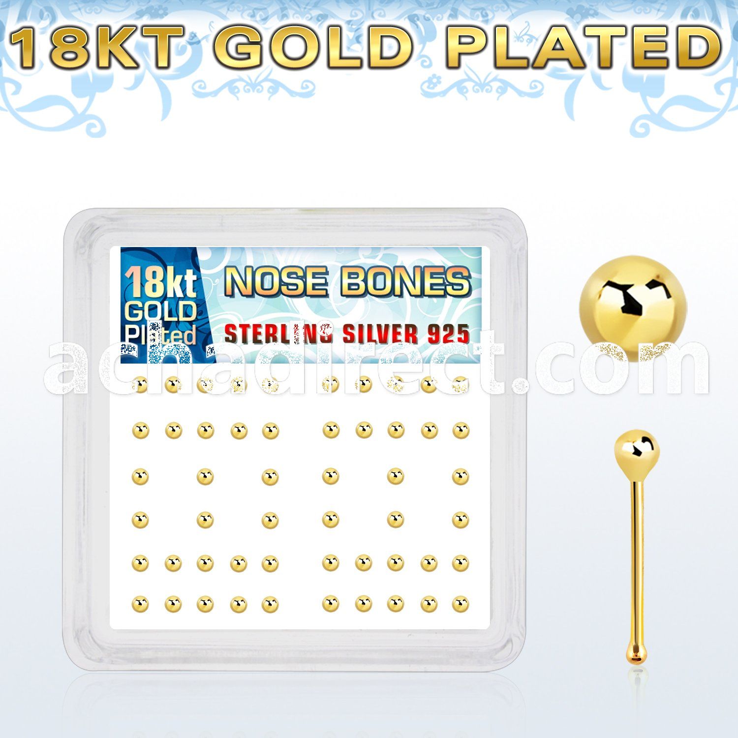 nbx18b2 box of gold plated silver nose bones with 2mm ball top