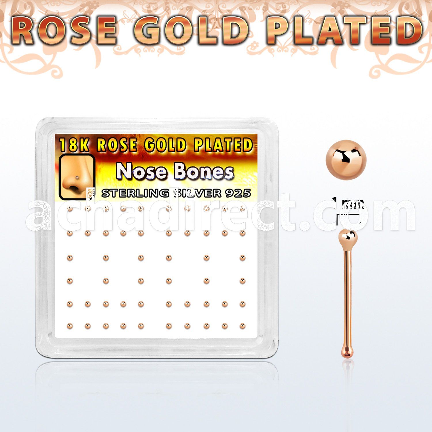 nbxrsb1 box of rose gold plated silver nose bone w 1mm ball top