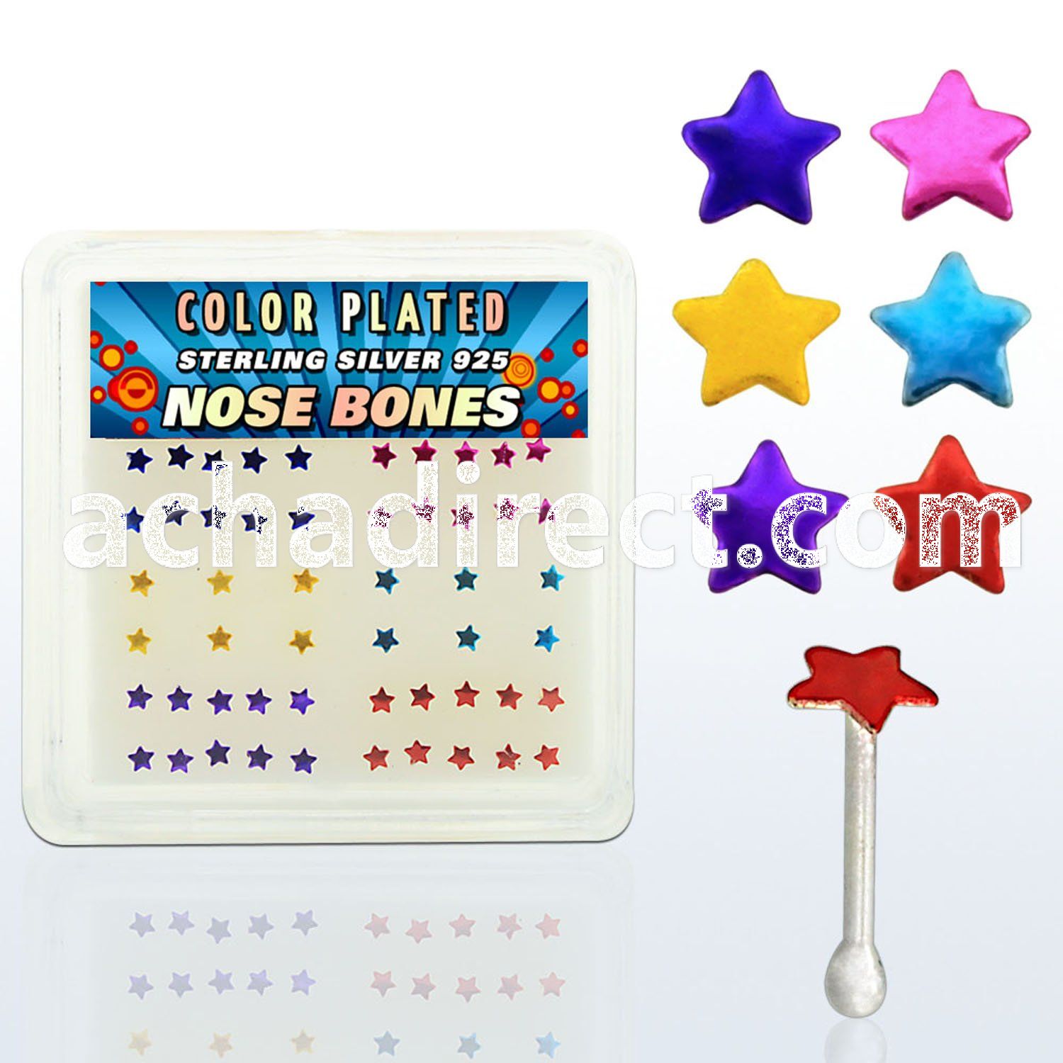 nbxsap box of silver nose bones with color plated star tops