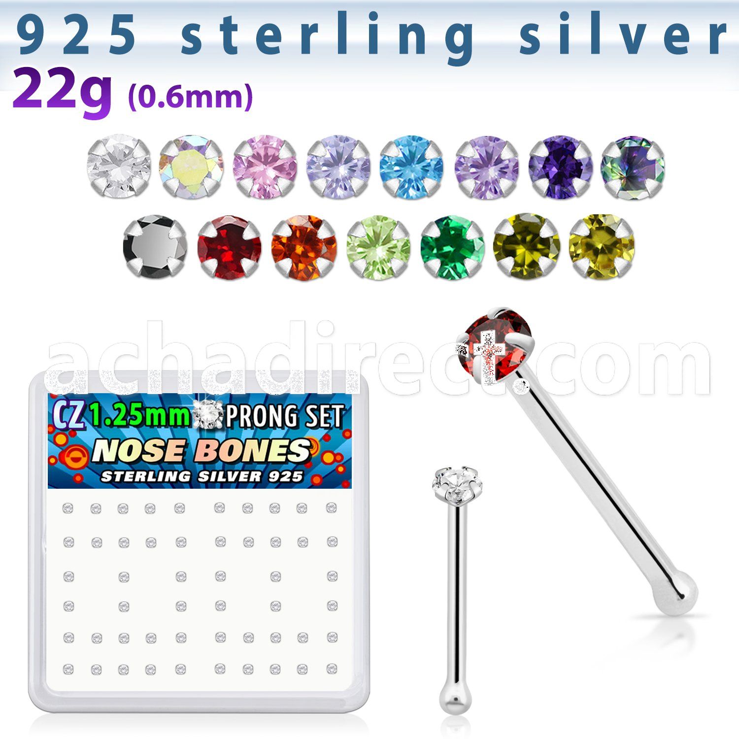nbzbc12 box of silver nose bones w 1 25mm clear prong set cz