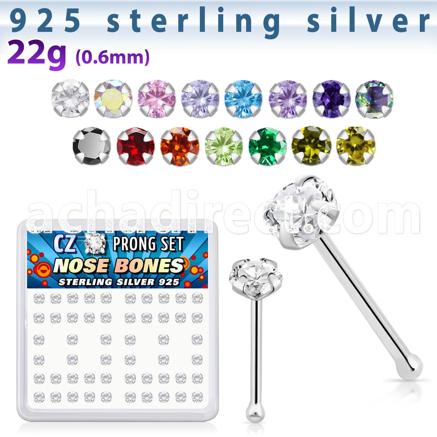 nbzbc25 box of silver nose bones w 2 5mm clear prong set cz