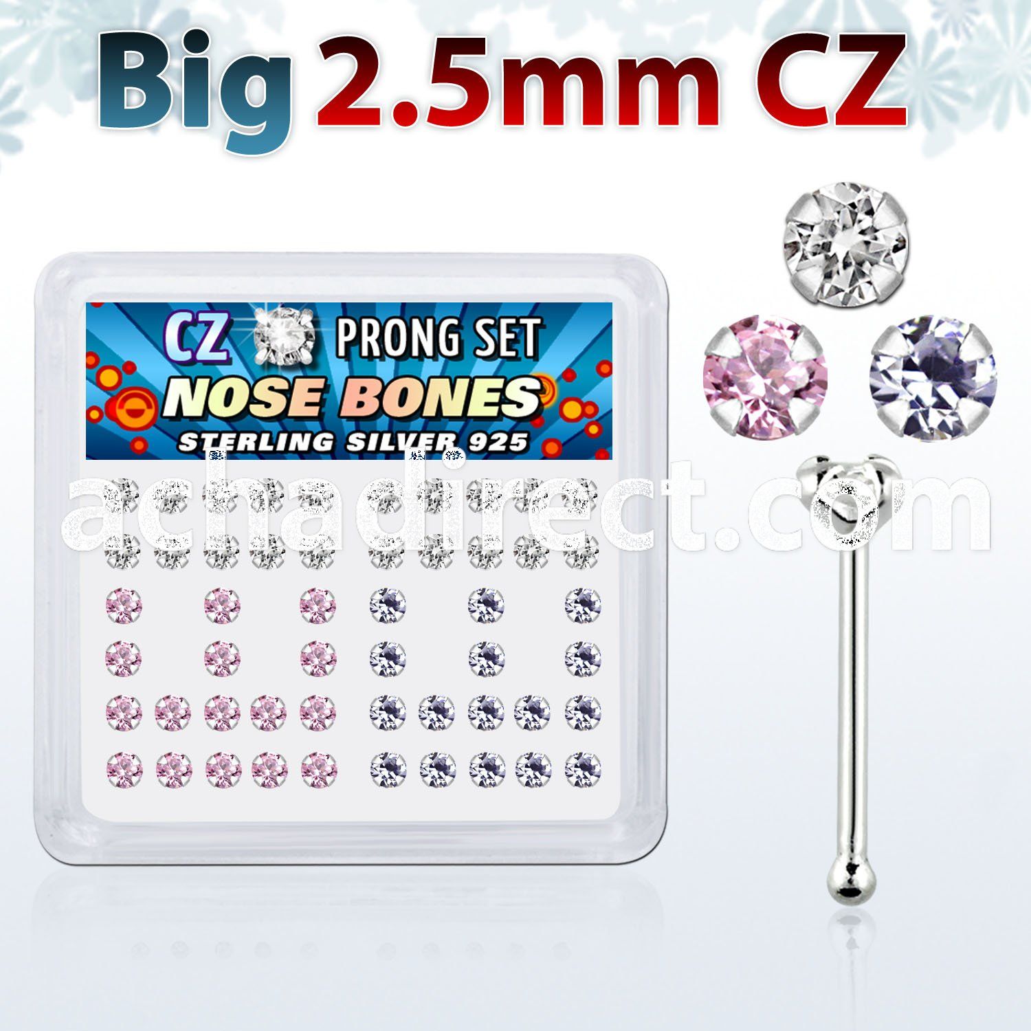 nbzbm25 box of silver nose bones with 2 5mm prong set cz