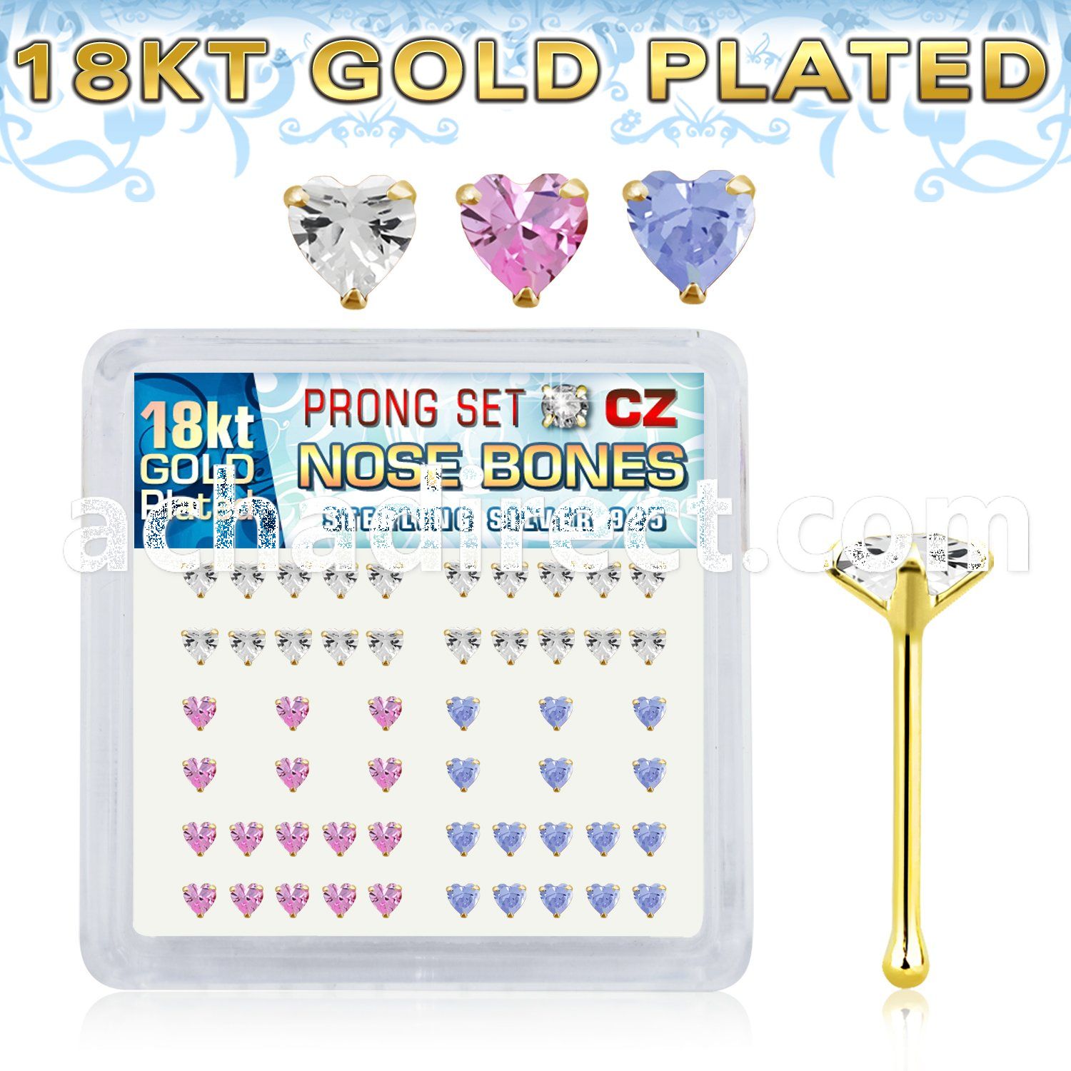 nbzhmg 18k gold plated silver nose bones prong cz heart