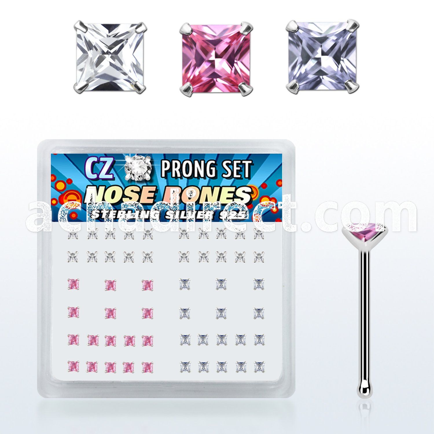 nbzqm box of silver nose bones with assorted color prong cz