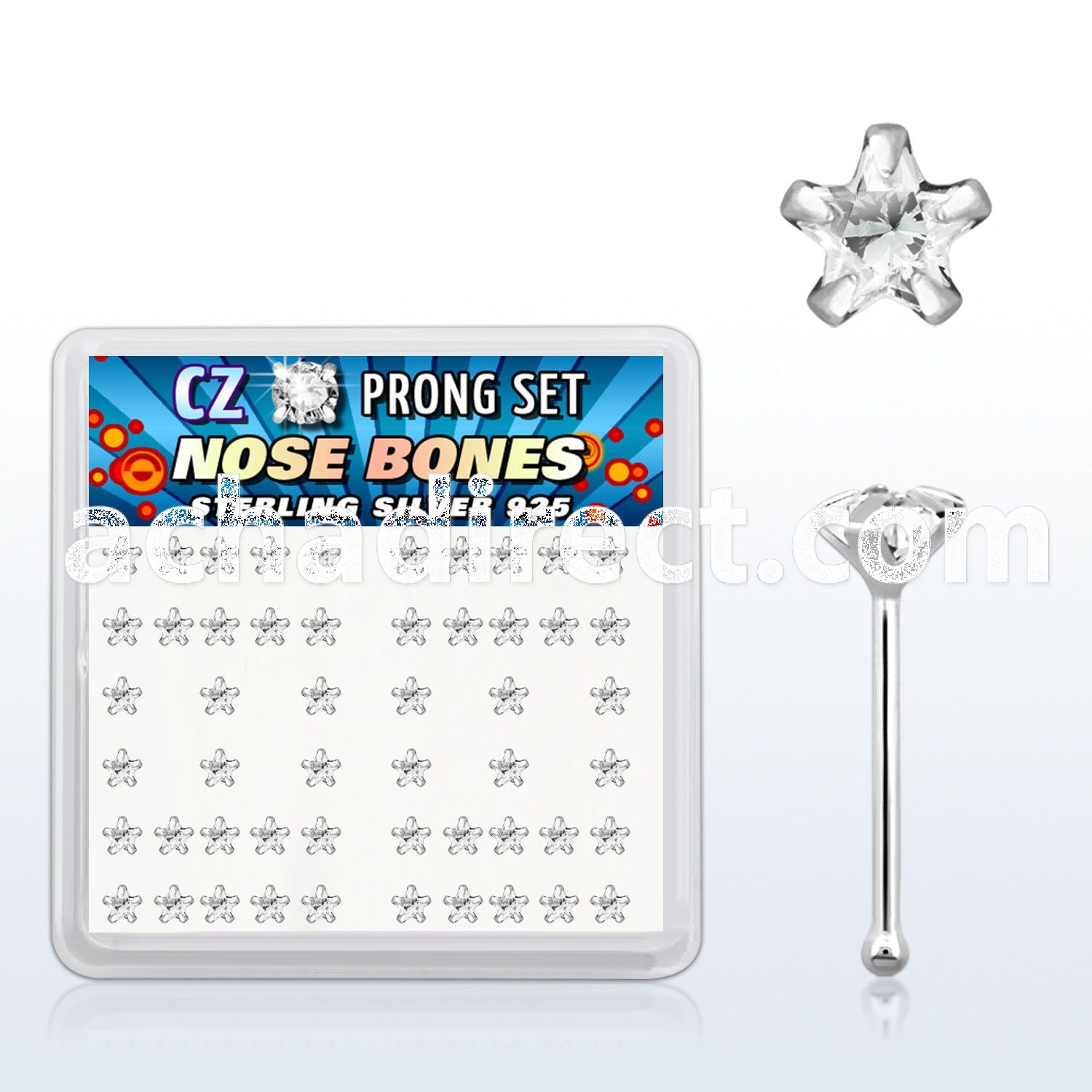 nbzsc box of silver nose bones with star clear prong set cz
