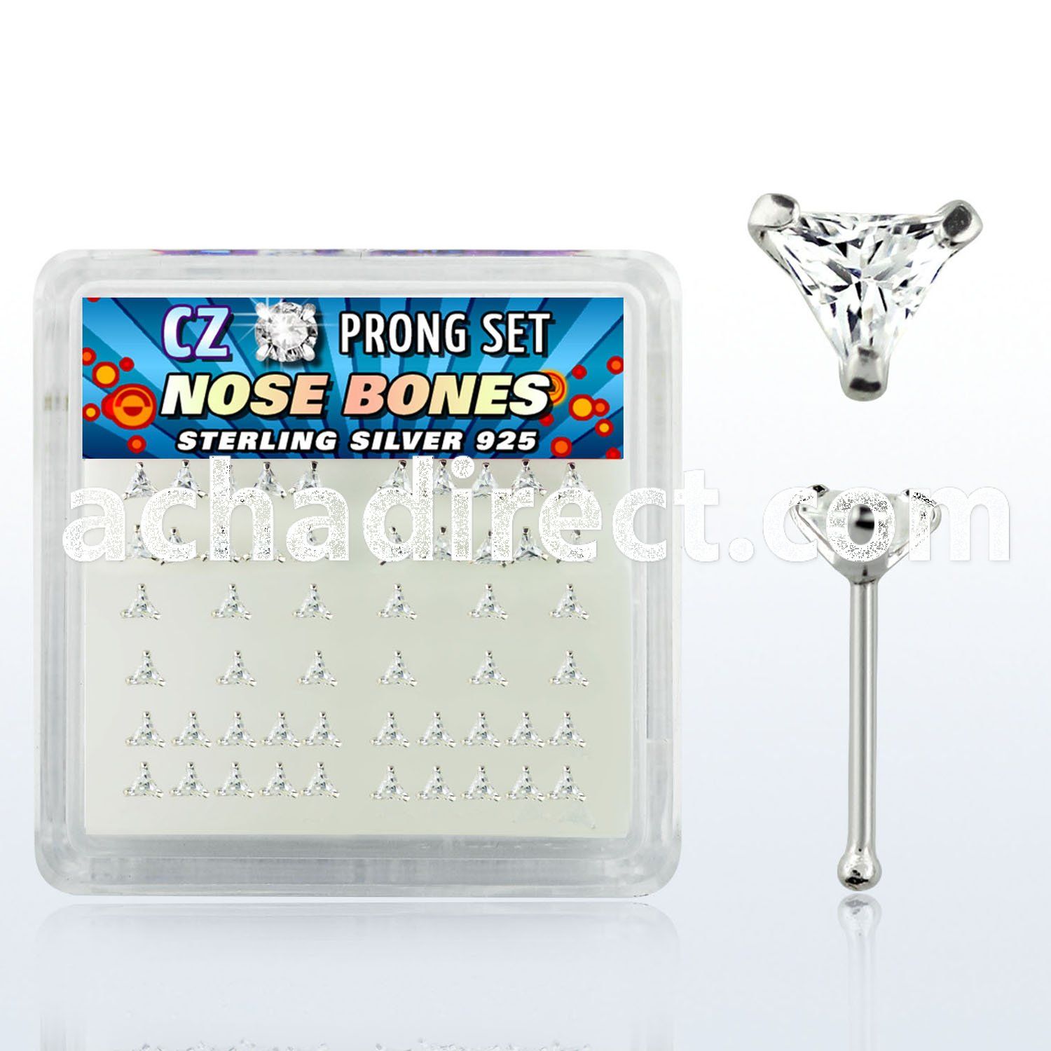 nbztrc box of silver nose bones with 3mm triangle prong cz