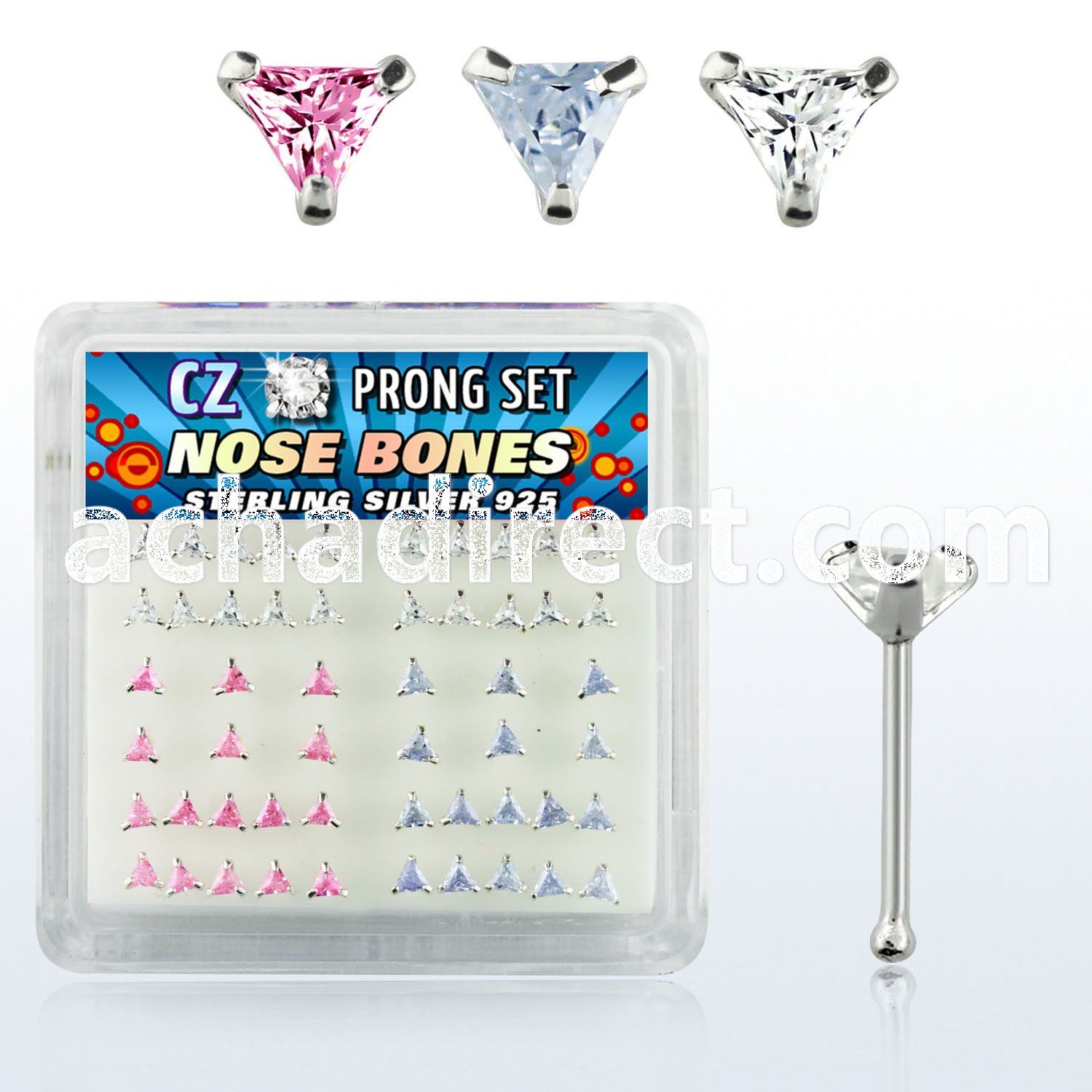 nbztrm silver nose bones w triangle assorted color prong cz