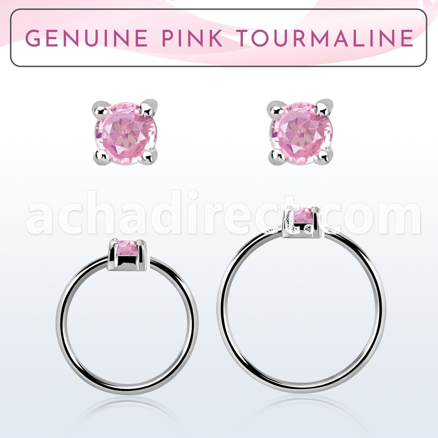 nhge3 silver nose ring w 2mm pink tourmaline casting prong set