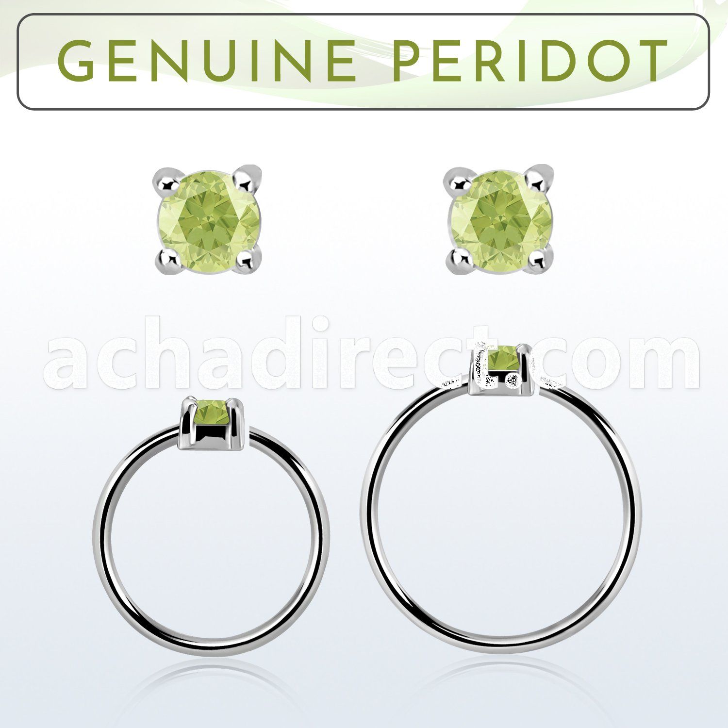 nhge4 silver nose ring w a 2mm peridot in casting prong set