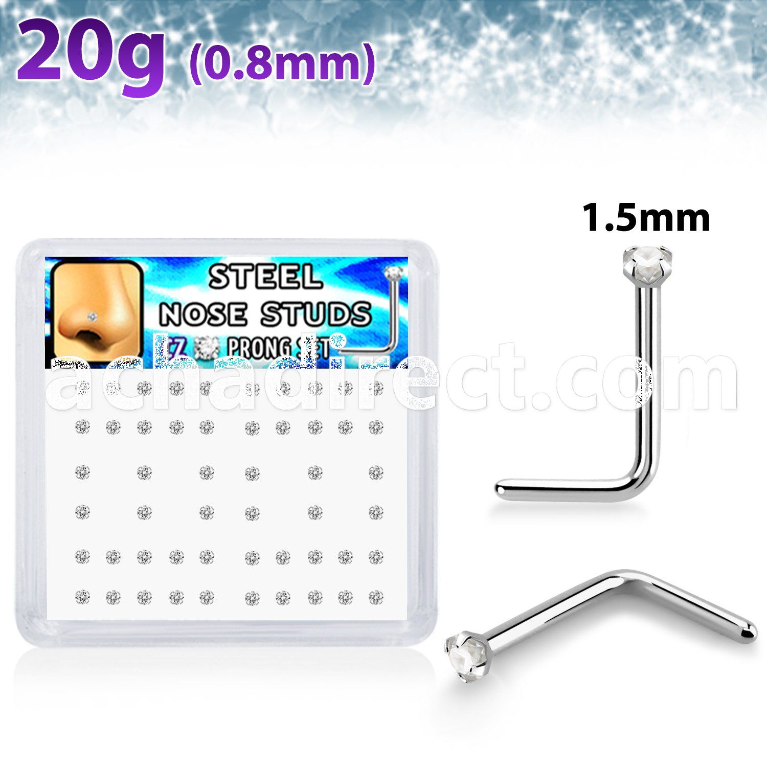 nlzr15xc 316l steel nose studs prong set round clear cz